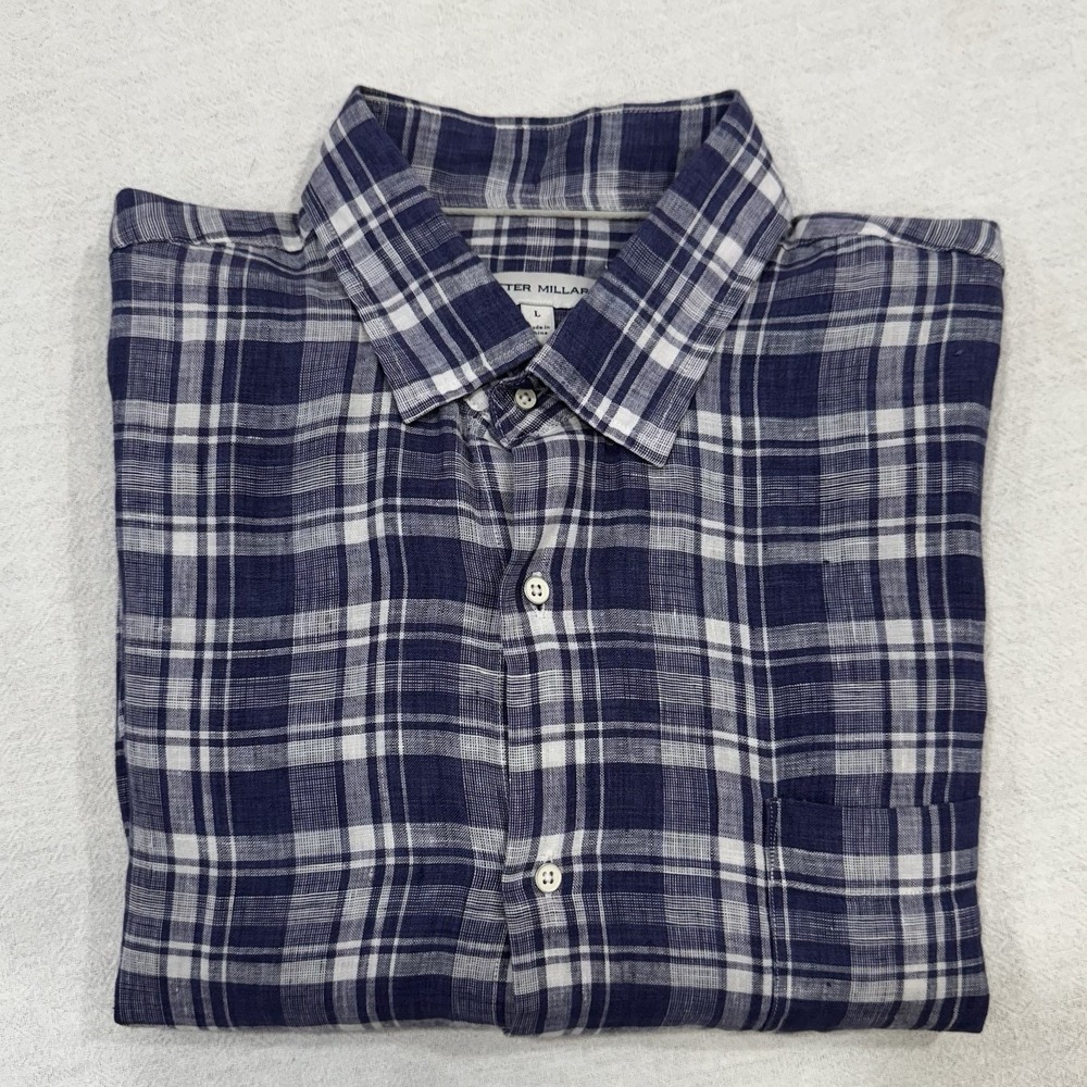 Peter Millar 100% Linen Shirt Men's Large Blue Plaid Button Up Long Sleeves